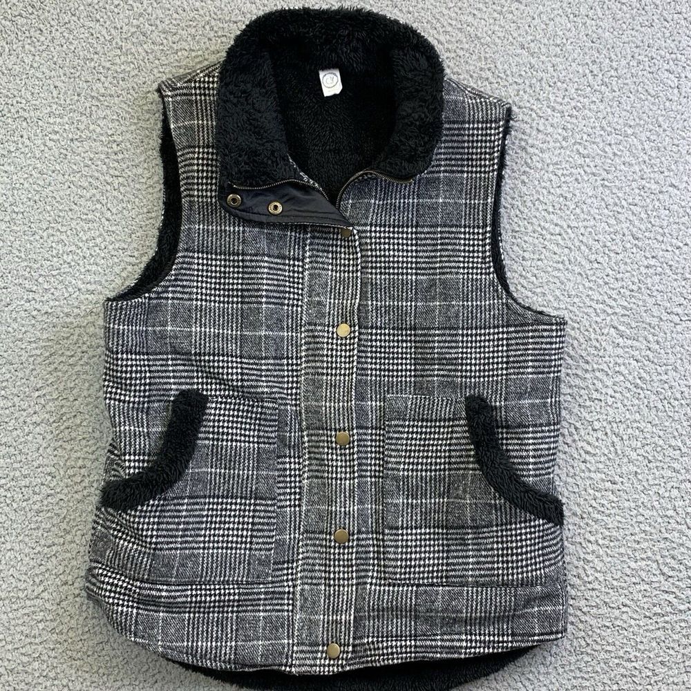 CY Fashion Fleece Lined Vest Womens Sz Med Black Gray Plaid Zip Snap Front